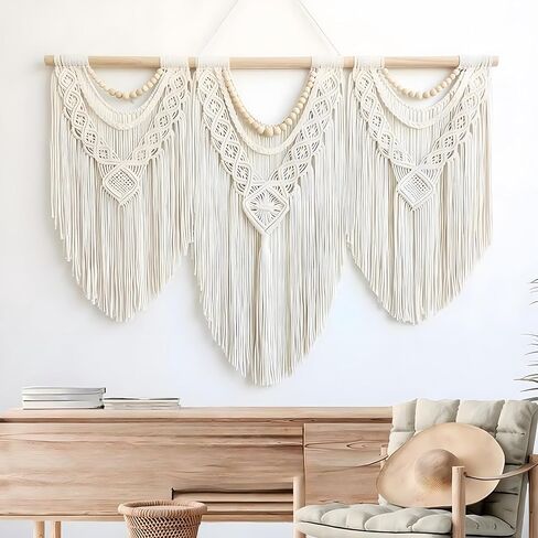 KLEVERISE Large Macrame Wall Hanging - 43"x32" Boho Handmade Woven Tapestry, Macrame Wall Hanging Large, Perfect for Bedroom, Living Room, Apartment or Wedding (Wood Bead Decoration) in Saudi Arabia