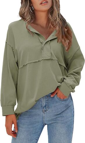EXLURA Womens 2024 Fall Fashion Long Sleeve Henley Shirts Casual Button Down V Neck Tunic Blouses Loose Pullover Tops Outfits in Saudi Arabia