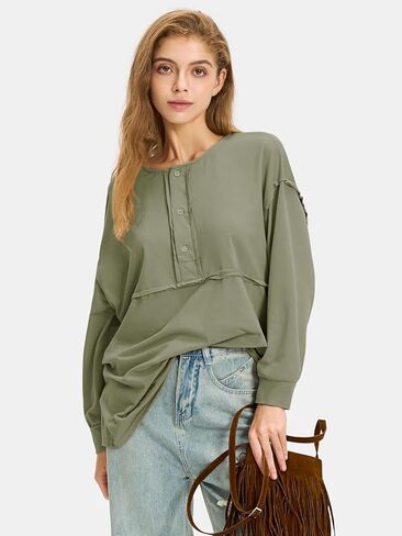EXLURA Womens 2024 Fall Fashion Long Sleeve Henley Shirts Casual Button Down V Neck Tunic Blouses Loose Pullover Tops Outfits in Saudi Arabia