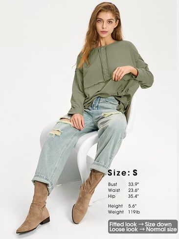 EXLURA Womens 2024 Fall Fashion Long Sleeve Henley Shirts Casual Button Down V Neck Tunic Blouses Loose Pullover Tops Outfits in Saudi Arabia