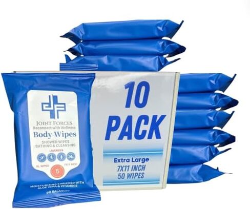 Joint Forces Rinse-Free Body Wipes - XL Shower Wipes for Adults, Camping, Traveling, Gym - Summer Hygiene Essentials, pH Balanced with Vitamin E and Aloe, Disposable, No Rinse Required (5 Pack) in Saudi Arabia