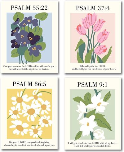L&B CREATIONS Christian Aesthetic Room Decor - Set of 4 Flower Market Psalm Bible Verse Wall Art Prints Mid Century Modern Style - Gifts for Christian Women & Teen Girls (Unframed 8x10) in Saudi Arabia