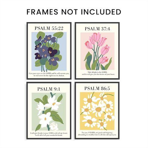 L&B CREATIONS Christian Aesthetic Room Decor - Set of 4 Flower Market Psalm Bible Verse Wall Art Prints Mid Century Modern Style - Gifts for Christian Women & Teen Girls (Unframed 8x10) in Saudi Arabia