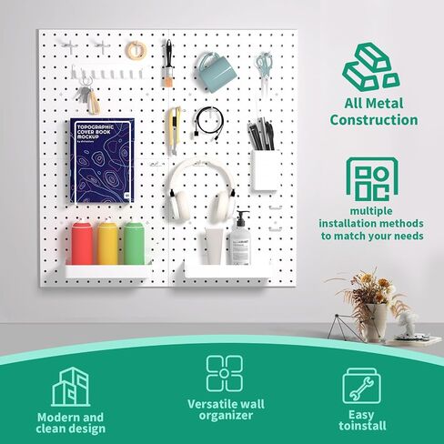 Metal Pegboard Combination Kit, 4 Pegboards and 17 Accessories Modular Hanging for Wall Organizer, Crafts Organization, Ornaments Display, 24" x 24", White | Metal Peg Board in Saudi Arabia