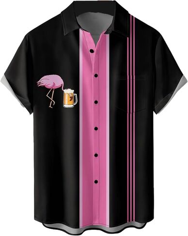 QIVICIMA Men's Retro Bowling Shirts 50s Vintage Button Down Shirts Color Block Active Shirts Flamingo Print Shirt in Saudi Arabia