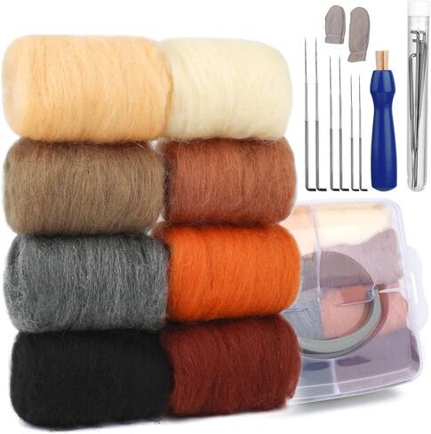 Zlulary Needle Felting Kit, Needle Felting Starter Kit, 8 Colors Wool Roving for Needle Felting, Fibre Wool Yarn Roving with Plastic Storage Box, Wool Felt Tools with Felting Needles (Dark) in Kuwait