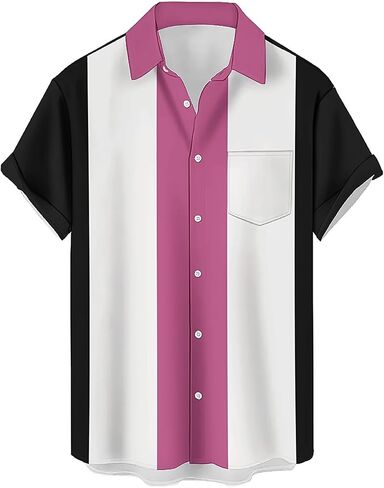 QIVICIMA Men's Retro Bowling Shirts 50s Vintage Button Down Shirts Color Block Active Shirts Flamingo Print Shirt in Saudi Arabia