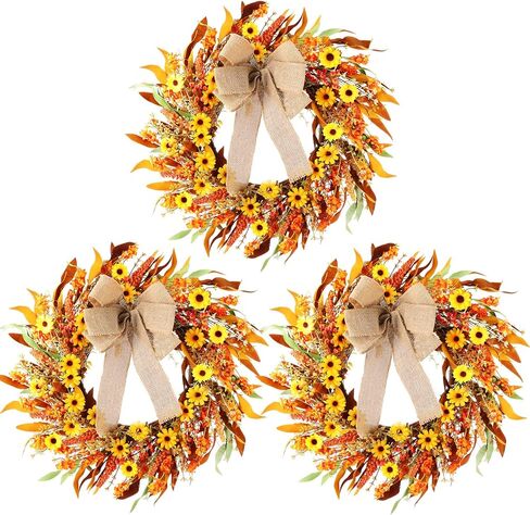 Dingion 22 Inch Fall Wreaths for Front Door Artificial Thanksgiving Wreaths with Burlap Bow Daisy Grain Berry Wreath Porch Decor for Home Farmhouse Autumn Harvest Festival Party Indoor Outdoor (3 Pcs) in Saudi Arabia