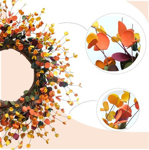 Bibelot 20 بوصة سقوط أوراق الأوكالبتوس إكليل، لمسة ناعمة مختلطة اللون الخريف إكليل أوراق الخريف لديكور الباب الأمامي، الحصاد وعيد الشكر ديكورات المنزل، استخدام داخلي / خارجي in Kuwait