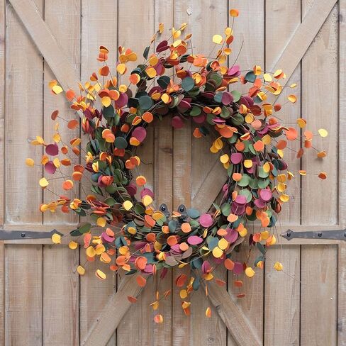 Bibelot 20 بوصة سقوط أوراق الأوكالبتوس إكليل، لمسة ناعمة مختلطة اللون الخريف إكليل أوراق الخريف لديكور الباب الأمامي، الحصاد وعيد الشكر ديكورات المنزل، استخدام داخلي / خارجي in Kuwait