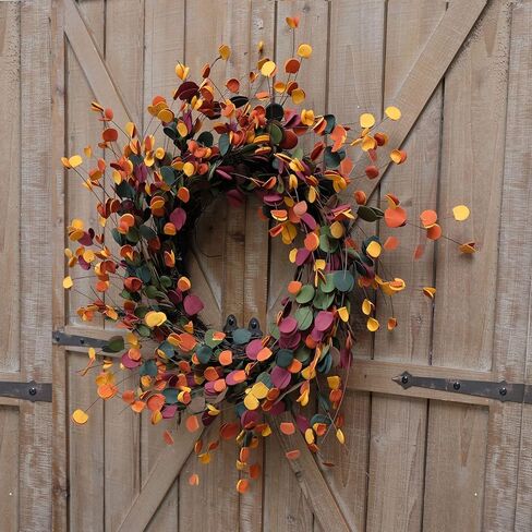 Bibelot 20 بوصة سقوط أوراق الأوكالبتوس إكليل، لمسة ناعمة مختلطة اللون الخريف إكليل أوراق الخريف لديكور الباب الأمامي، الحصاد وعيد الشكر ديكورات المنزل، استخدام داخلي / خارجي in Kuwait