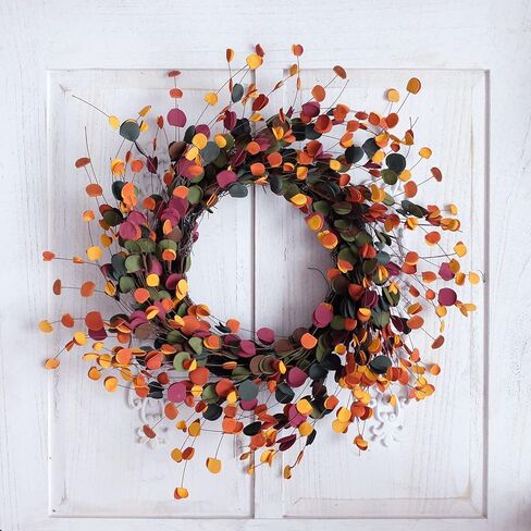 Bibelot 20 بوصة سقوط أوراق الأوكالبتوس إكليل، لمسة ناعمة مختلطة اللون الخريف إكليل أوراق الخريف لديكور الباب الأمامي، الحصاد وعيد الشكر ديكورات المنزل، استخدام داخلي / خارجي in Kuwait