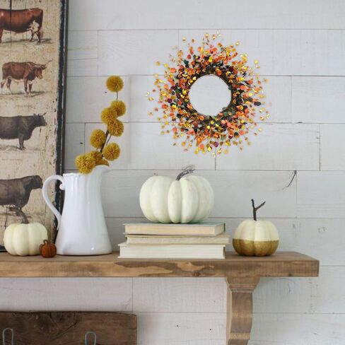 Bibelot 20 بوصة سقوط أوراق الأوكالبتوس إكليل، لمسة ناعمة مختلطة اللون الخريف إكليل أوراق الخريف لديكور الباب الأمامي، الحصاد وعيد الشكر ديكورات المنزل، استخدام داخلي / خارجي in Kuwait