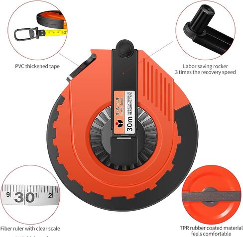100 FT Tape Measure, Closed Reel Steel Long Tape with Foldable Handle, Nylon Coated, Plastic and Rubber Case in Saudi Arabia