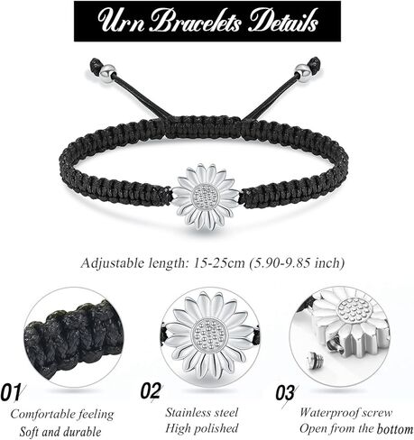 zeqingjw Sunflower Urn Bracelet for Ashes for Women Ashes Holder Urn Jewelry Black Braided Rope Adjustable Cremation Bangle Memorial Ashes Keepsake Jewelry in Saudi Arabia
