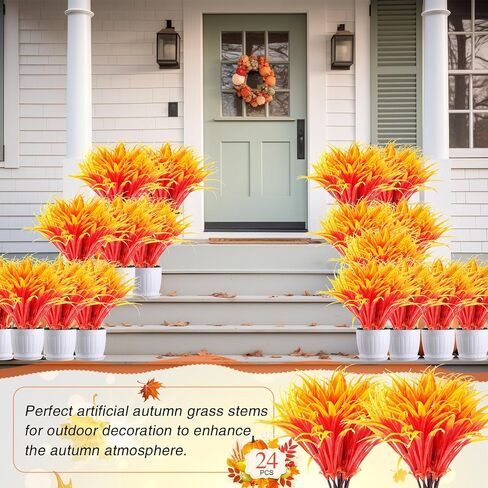 Giegxin 24 Bundles Artificial Fall Leaves Grass Stems for Home Decor UV Resistant Artificial Fall Plants Fake Autumn Grasses Artificial Shrubs Fake Outdoor Greenery for Autumn House Outdoor Porch in Saudi Arabia