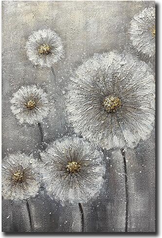 Boieesen Art، 24 × 36 بوصة 100٪ مرسومة يدويًا بزيت الهندباء البسيط والزهور البرية البيضاء جدار الفن الرمادي والذهبي الأزهار قماش لوحات محايدة المناظر الطبيعية الفنية النفط اللوحة اليدوية لغرفة المعيشة in Kuwait