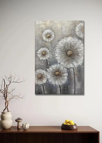 Boieesen Art، 24 × 36 بوصة 100٪ مرسومة يدويًا بزيت الهندباء البسيط والزهور البرية البيضاء جدار الفن الرمادي والذهبي الأزهار قماش لوحات محايدة المناظر الطبيعية الفنية النفط اللوحة اليدوية لغرفة المعيشة in Kuwait