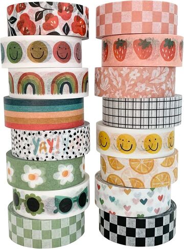 Washi Tape Set of 16 Rolls of 15 mm Wide Washy Tape Cute Decorative Tape for Journaling, Scrapbooking, Crafts, Bullet Journals, Planners, DIY Decor & Craft Supplies for Adults & Kids (Meadow) in Saudi Arabia