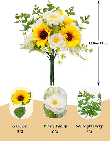 Artificial Sunflower Bouquets, 2 Bunches Fake Flowers with Sunflowers and White Peonies for Home Wedding Summer Decor, Arrangement Table Centerpieces Indoor, DIY Garden Outdoor Art DéCor in Saudi Arabia