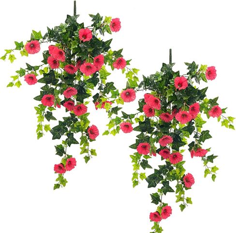 Artificial Petunias for Outdoors Uv Resistant Fake Petunias Plants Hanging Flower Patio Decor Outside Basket Realistic Silk Petunias Plant for Window Decor (Rose Red 2pcs) in Saudi Arabia