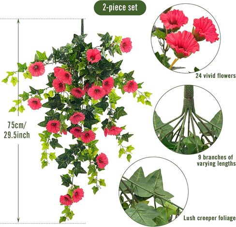 Artificial Petunias for Outdoors Uv Resistant Fake Petunias Plants Hanging Flower Patio Decor Outside Basket Realistic Silk Petunias Plant for Window Decor (Rose Red 2pcs) in Saudi Arabia