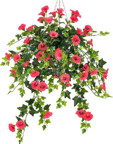 Artificial Petunias for Outdoors Uv Resistant Fake Petunias Plants Hanging Flower Patio Decor Outside Basket Realistic Silk Petunias Plant for Window Decor (Rose Red 2pcs) in Saudi Arabia