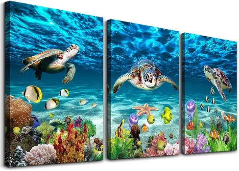 AHUASJART Canvas Wall Art for Living Room family Wall decor for Bedroom Bathroom Wall Decoration blue Ocean Sea Turtle Paintings Modern shark Pictures Artwork office Ready to Hang 12" x 16" 3 Piece in Saudi Arabia