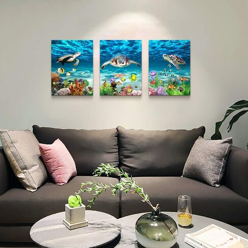 AHUASJART Canvas Wall Art for Living Room family Wall decor for Bedroom Bathroom Wall Decoration blue Ocean Sea Turtle Paintings Modern shark Pictures Artwork office Ready to Hang 12" x 16" 3 Piece in Saudi Arabia