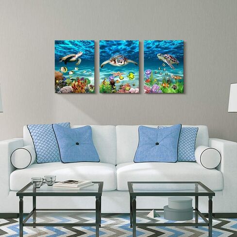 AHUASJART Canvas Wall Art for Living Room family Wall decor for Bedroom Bathroom Wall Decoration blue Ocean Sea Turtle Paintings Modern shark Pictures Artwork office Ready to Hang 12" x 16" 3 Piece in Saudi Arabia