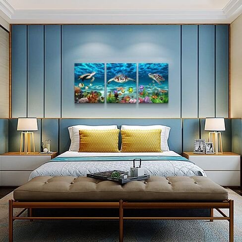 AHUASJART Canvas Wall Art for Living Room family Wall decor for Bedroom Bathroom Wall Decoration blue Ocean Sea Turtle Paintings Modern shark Pictures Artwork office Ready to Hang 12" x 16" 3 Piece in Saudi Arabia