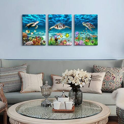 AHUASJART Canvas Wall Art for Living Room family Wall decor for Bedroom Bathroom Wall Decoration blue Ocean Sea Turtle Paintings Modern shark Pictures Artwork office Ready to Hang 12" x 16" 3 Piece in Saudi Arabia