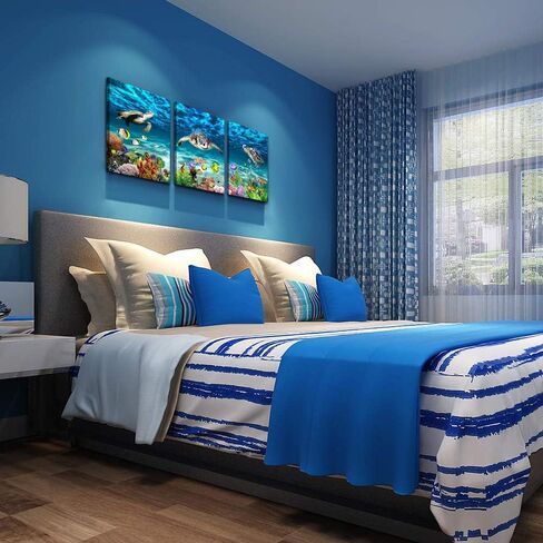 AHUASJART Canvas Wall Art for Living Room family Wall decor for Bedroom Bathroom Wall Decoration blue Ocean Sea Turtle Paintings Modern shark Pictures Artwork office Ready to Hang 12" x 16" 3 Piece in Saudi Arabia