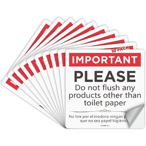 Please Do Not Flush Sign stickers 10 Pack 6" x 6" Please Do Not Flush Anything Except Toilet Paper Sign, Premium Self-Adhesive