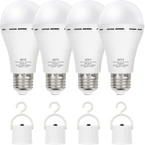 OFFLIY Emergency Light Bulbs, 1800mAh High-Capacity Battery for Longer Emergency Time, 9W,750LM,5000K Rechargeable Light Bulbs for Power Outage, A19 E26 Led Light Bulbs, 4PK,with 4 Hooks