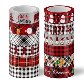 Whaline 12 Roll Christmas Washi Tape Red Black Plaids Xmas Tree Snowflake Gnome Washi Tape 15mm Wide Christmas Holiday Decorative Masking Tape for Scrapbook Journal DIY Craft Gift Wrapping
