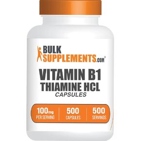 BulkSupplements.com Thiamine HCl Capsules - Thiamine Hydrochloride, B1 Vitamins, Thiamine 100mg - 1 Capsule per Serving, 500 Capsules (Pack of 1)