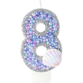 Birthday Candles, Pink Shell Sequins Blue Purple Pearl Boy Girl Birthday Cake for Mermaid Birthday Theme Birthday Decorations Candle Party Supplies Number 4 Candle (9)