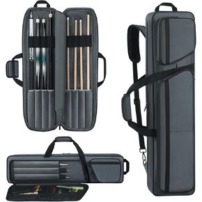 4x4 Pool Stick Case, Thicken Flannel Pool Cue Case with Multi-Pocket for 4 Butts and 4 Shafts, Billiard Cue Carrying Case with Shoulder Straps and Handle, Pool Stick Bag with Front Accessories Pocket