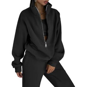 بدلة رياضية نسائية من الصوف من COZYPOIN مكونة من قطعتين سويت شيرت بنصف سحاب وسراويل ركض Y2K(أسود-S) in Kuwait