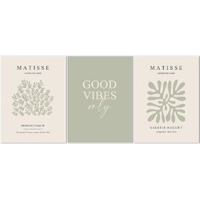 Hwetui Matisse Wall Art Set of 3 Sage Green Abstract Poster Canvas Prints Neutral Plant Leaves Painting Pictures Good Vibes Aesthetic Home Decor for Living Room Bedroom Bathroom 12''x16''Unframed