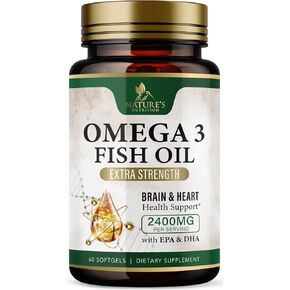 Triple Strength Omega 3 Fish Oil 2400 mg Softgels, Nature's Fish Oil Supplements, Brain & Heart Health Support - EPA & DHA, 1200 MG Fish Oil in Each Softgel, Omega-3 Supplement - 60 Fish Oil Softgels
