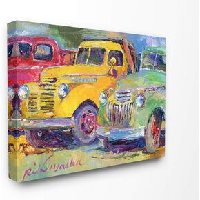 The Stupell Home Décor Collection Vibrant Red Yellow and Green Pickup Trucks Painting Stretched Canvas Wall Art, 16 x 20, Multi-Color