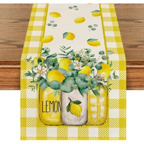 Artoid Mode Yellow White Buffalo Plaid Vase Lemon Summer Table Runner, Seasonal Spring Kitchen Dining Table Decoration for Home Party Decor 13x72 Inch