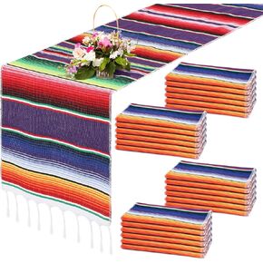 24 Pcs Mexican Serape Table Runner Handwoven Fringe Cotton Serape Blanket Table Runners, Colorful Mexican Stripe Table Runner for Mexican Party Decorations Fiesta Party, 14 x 84 Inches (Purple)