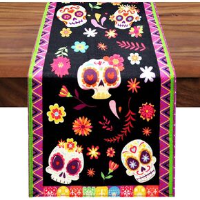 Day of The Dead Table Runner 72 x 13 Inch Decorations, Dia De Los Muertos Sugar Skull Mexican Fiesta Carnival Table Cover Decor, Rustic Linen Altar Themed Party Supplies for Home Kitchen Dining Mantel