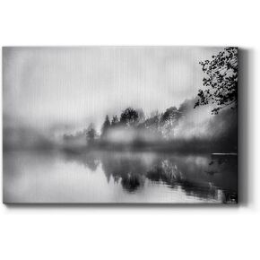 Renditions Gallery Black White Mist Mountain Lake Landscape Canvas Wall Art for Home Décor,Soft Wonders,Ready to Hang, 18''x 12'', Made in America