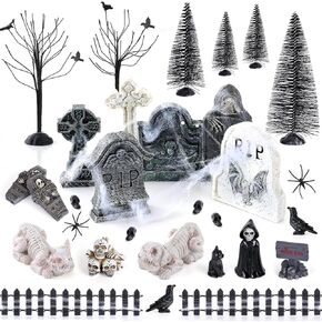 YLOLUL 48 Pcs Fluorescent Halloween Village Accessories Ornaments Set Mini Scary Halloween Town Set Halloween Tombstones Skeleton Tiny Trees Decor Glow in The Dark for Town Decorations (Fluorescent)