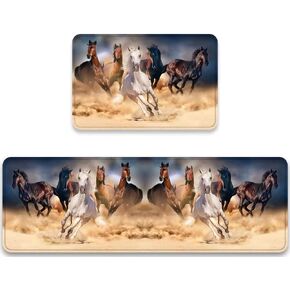 Animal Running Horse Kitchen Rugs Set 2 Pieces Horses Herd Run in Desert Sand Storm Against Dramatic Sky Floor Mats Washable Doormat Anti Fatigue Non-Slip Chef Sink Runner Rugs Bedroom Area Carpets