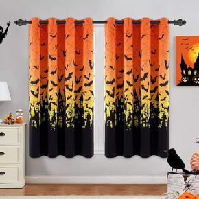 ASPMIZ Halloween Ombre Curtains for Living Room, Spider Web Bat Window Curtains 63 Inch Length 2 Panels Set, Purple Orange Gradient Grommet Blackout Drapes for Halloween Party Bedroom (52" W x 63" L)